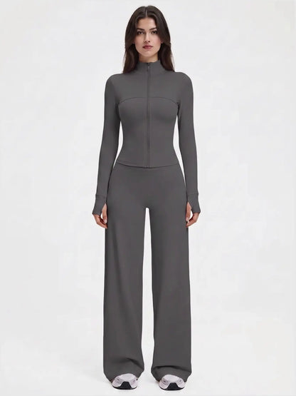 Yoga Set for Women, Long Sleeve Fitted Jacket + High Waist Pants, Quick Dry Sportswear for All Seasons, Perfect for Gym & Daily Wear