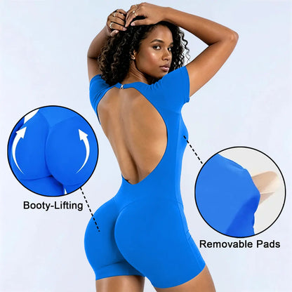 GYMER Impact Short Sleeve One-Piece Padded Bralette with Tummy Control and Butt Lifting Features for Sporty Yoga and Activewear Workouts