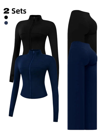 Yoga Set for Women, Long Sleeve Fitted Jacket + High Waist Pants, Quick Dry Sportswear for All Seasons, Perfect for Gym & Daily Wear