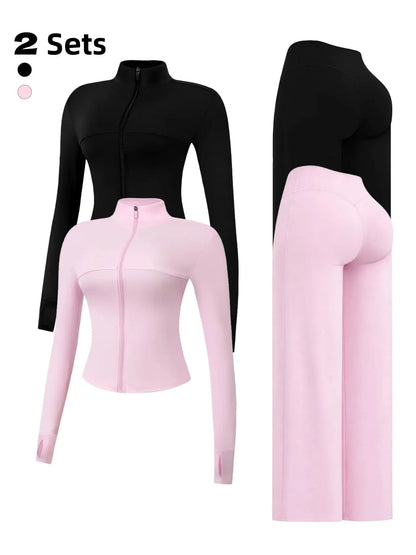 Yoga Set for Women, Long Sleeve Fitted Jacket + High Waist Pants, Quick Dry Sportswear for All Seasons, Perfect for Gym & Daily Wear