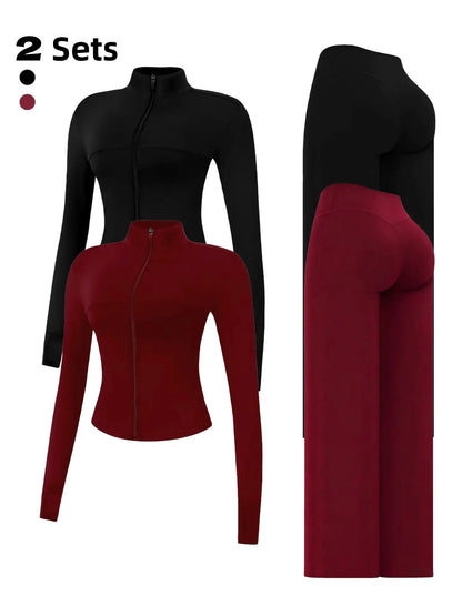 Yoga Set for Women, Long Sleeve Fitted Jacket + High Waist Pants, Quick Dry Sportswear for All Seasons, Perfect for Gym & Daily Wear