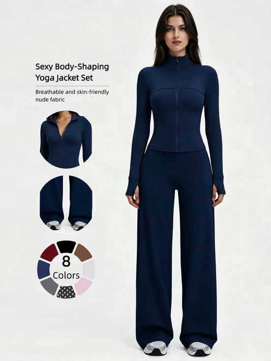 Yoga Set for Women, Long Sleeve Fitted Jacket + High Waist Pants, Quick Dry Sportswear for All Seasons, Perfect for Gym & Daily Wear