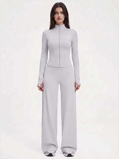 Yoga Set for Women, Long Sleeve Fitted Jacket + High Waist Pants, Quick Dry Sportswear for All Seasons, Perfect for Gym & Daily Wear
